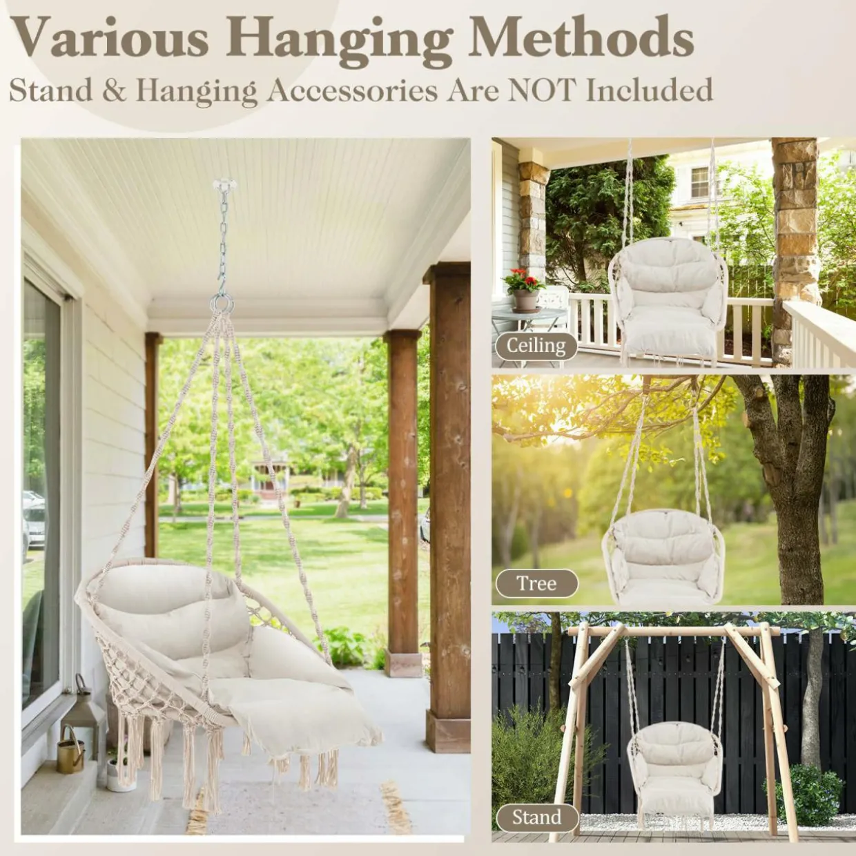 Tangkula Hanging Hammock Chair, Boho Style Macrame Hammock Swing with Soft Cushions, Tassels
