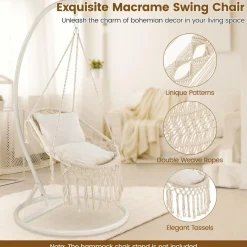 Tangkula Hanging Hammock Chair, Boho Style Hammock Swing with 2 Soft Cushions, Tassels, Mounting Hardware (Beige)