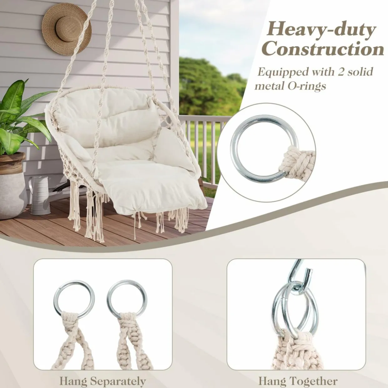 Tangkula Hanging Hammock Chair, Boho Style Macrame Hammock Swing with Soft Cushions, Tassels