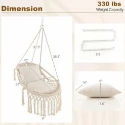 Tangkula Hanging Hammock Chair, Boho Style Hammock Swing with 2 Soft Cushions, Tassels, Mounting Hardware (Beige)