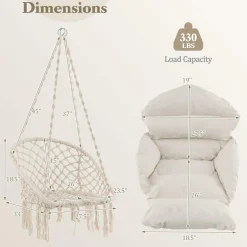 Tangkula Hanging Hammock Chair, Boho Style Macrame Hammock Swing with Soft Cushions, Tassels