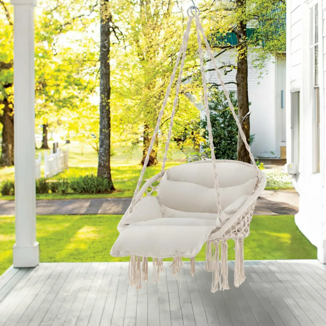 Tangkula Hanging Hammock Chair, Boho Style Macrame Hammock Swing with Soft Cushions, Tassels