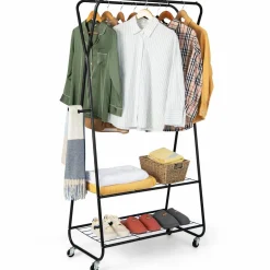 Tangkula Heavy Duty Clothes Rack with Shelves, Double Rod Rolling Garment Rack on Wheels with 4 Hooks