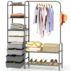 Tangkula Heavy Duty Clothes Rack with 6 Removable Drawers, 3-Tier Open Shelves & 2-Tier Metal Shoe Rack