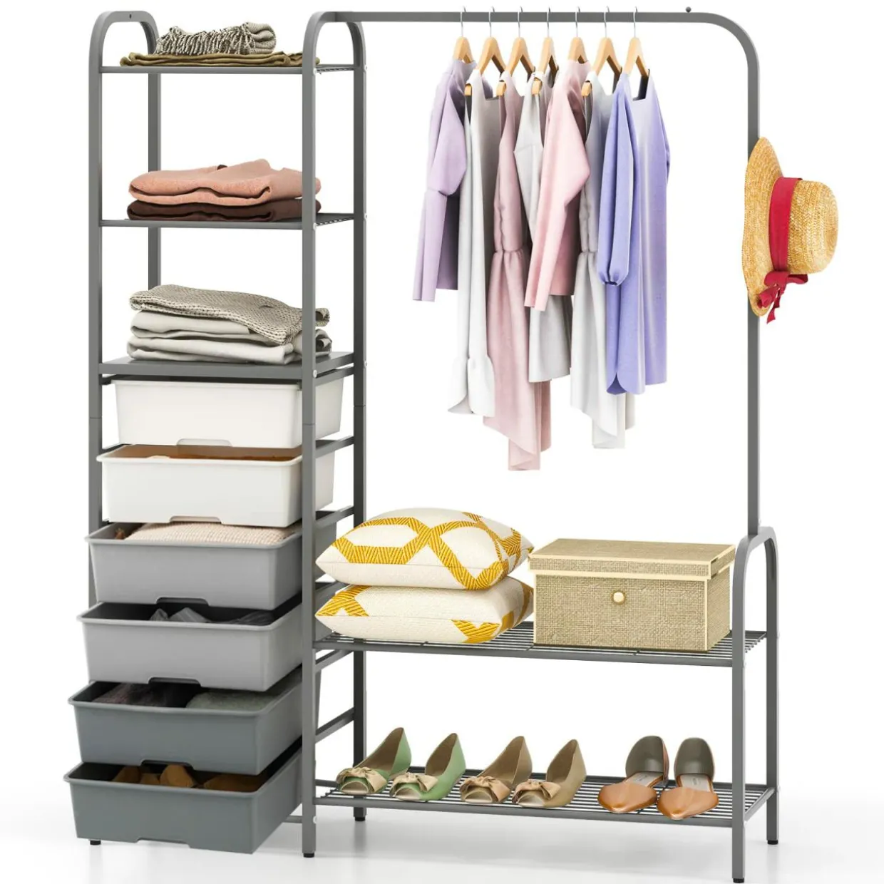 Tangkula Heavy Duty Clothes Rack with 6 Removable Drawers, 3-Tier Open Shelves & 2-Tier Metal Shoe Rack