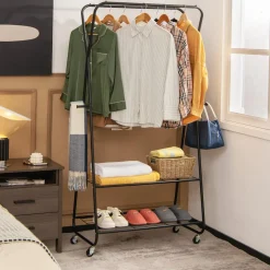 Tangkula Heavy Duty Clothes Rack with Shelves, Double Rod Rolling Garment Rack on Wheels with 4 Hooks