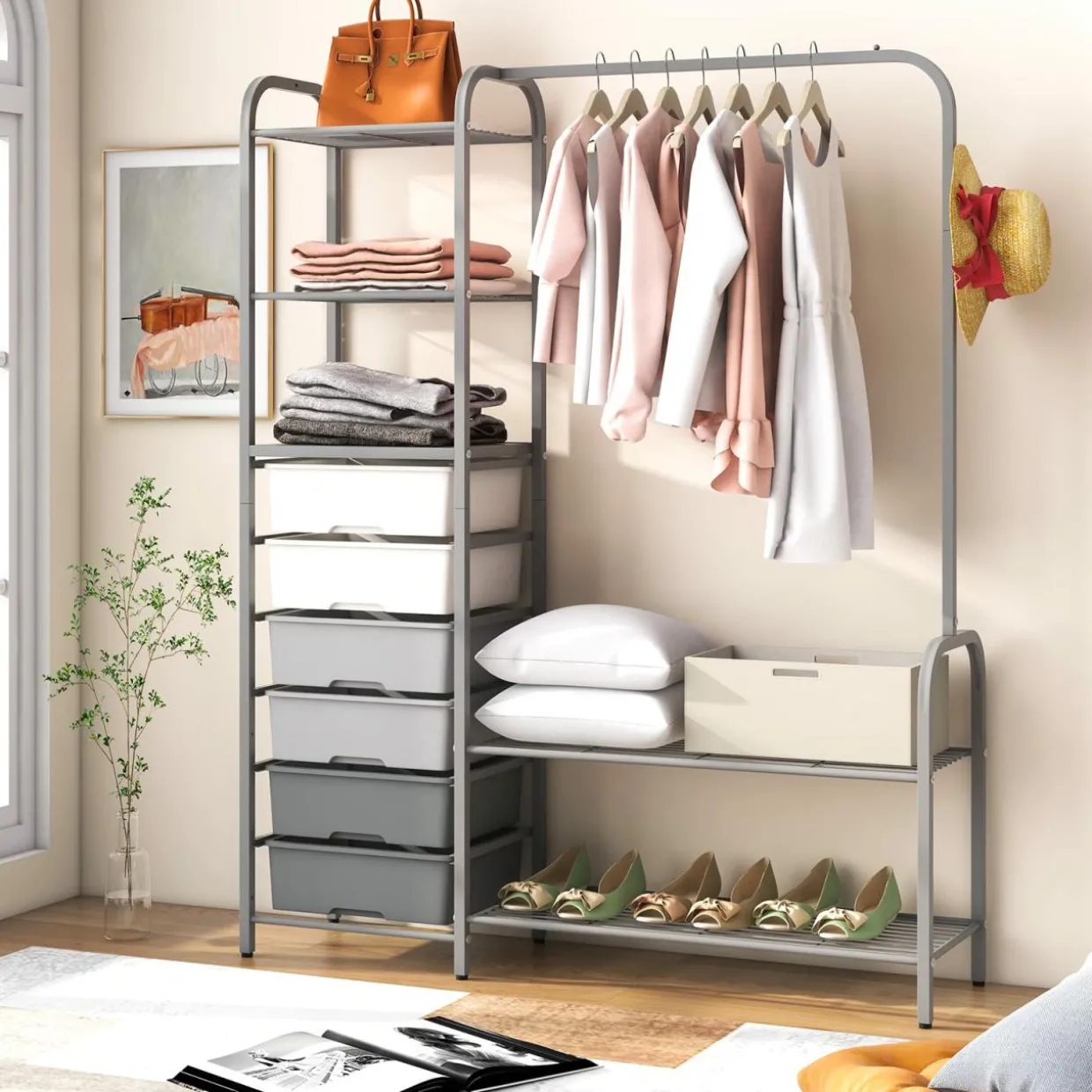 Tangkula Heavy Duty Clothes Rack with 6 Removable Drawers, 3-Tier Open Shelves & 2-Tier Metal Shoe Rack