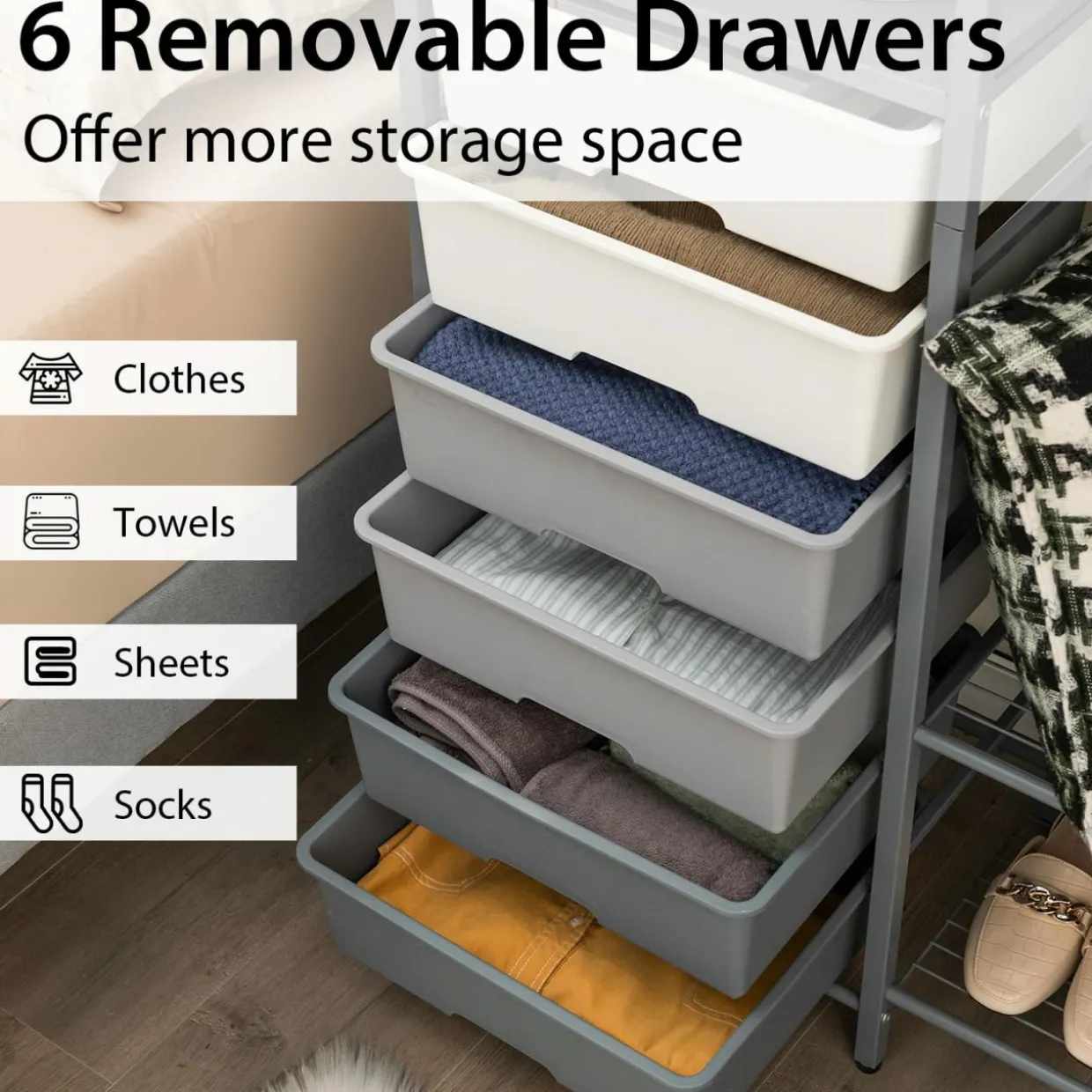 Tangkula Heavy Duty Clothes Rack with 6 Removable Drawers, 3-Tier Open Shelves & 2-Tier Metal Shoe Rack