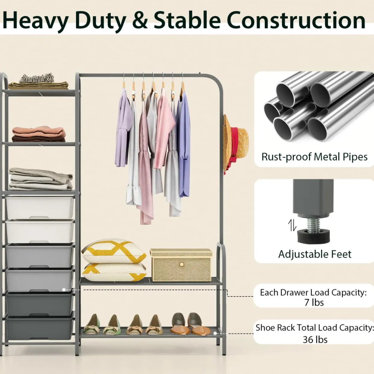 Tangkula Heavy Duty Clothes Rack with 6 Removable Drawers, 3-Tier Open Shelves & 2-Tier Metal Shoe Rack