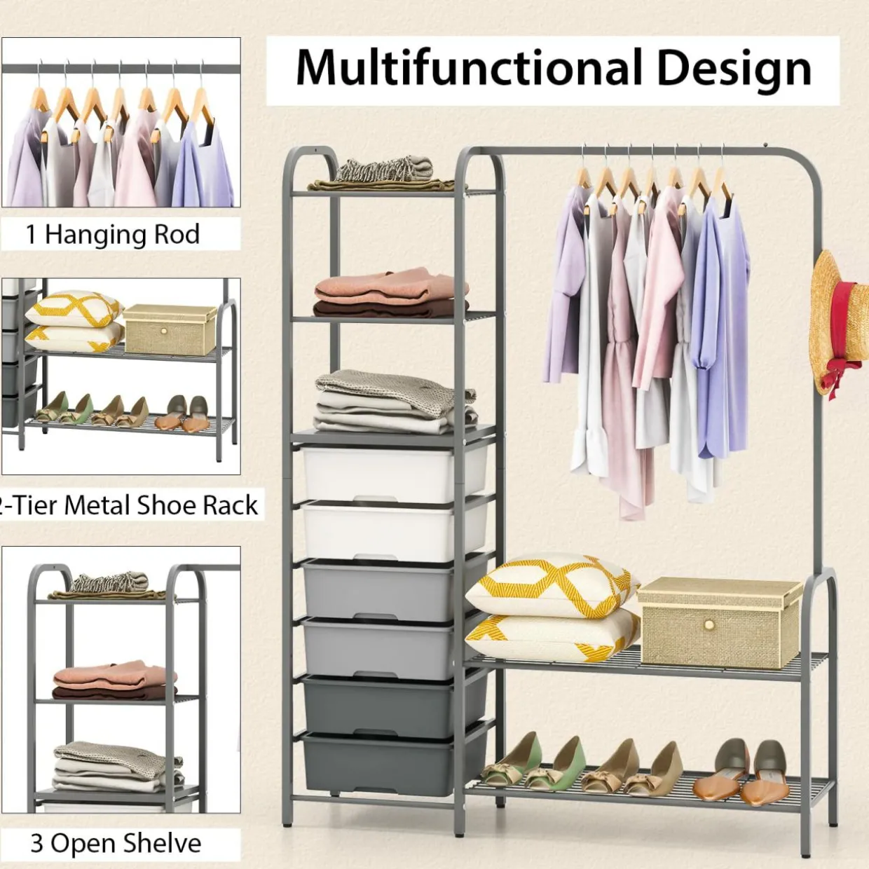 Tangkula Heavy Duty Clothes Rack with 6 Removable Drawers, 3-Tier Open Shelves & 2-Tier Metal Shoe Rack