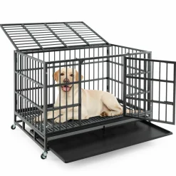 Tangkula Heavy-Duty Metal Dog Crate, Foldable Dog Kennel Crate with Lockable Wheels & Doors for Medium & Large Dogs