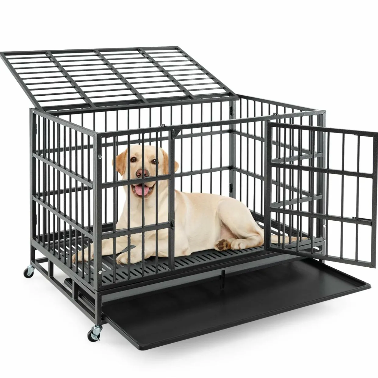 Tangkula Heavy-Duty Metal Dog Crate, Foldable Dog Kennel Crate with Lockable Wheels & Doors for Medium & Large Dogs