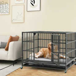 Tangkula Heavy-Duty Metal Dog Crate, Foldable Dog Kennel Crate with Lockable Wheels & Doors for Medium & Large Dogs