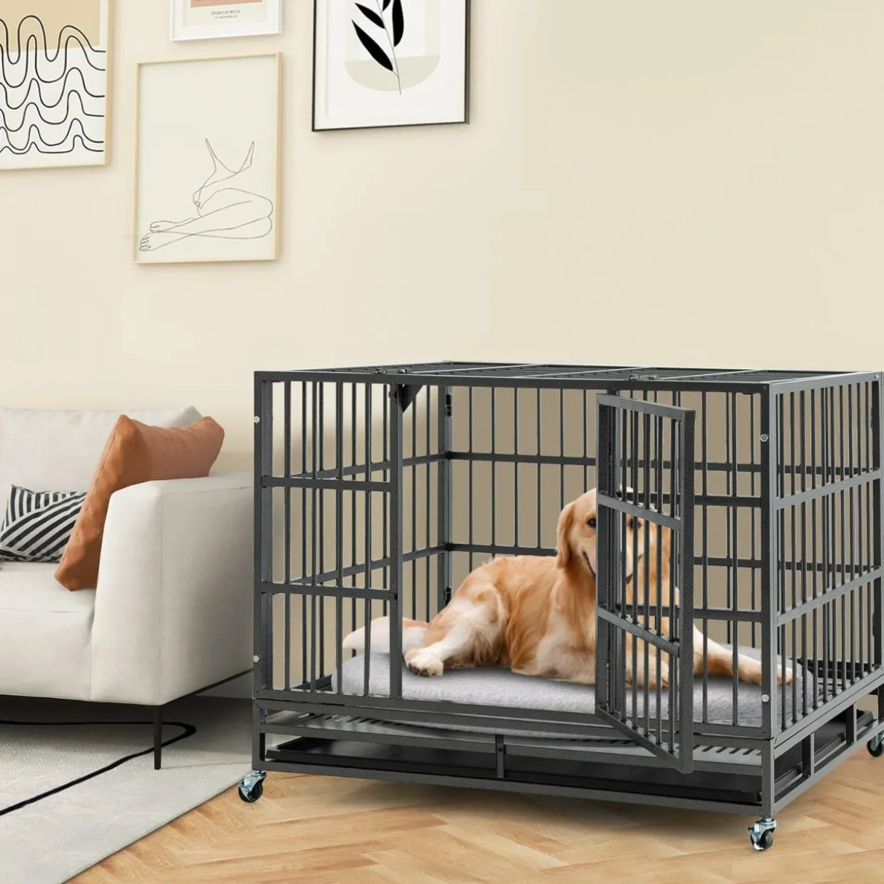 Tangkula Heavy-Duty Metal Dog Crate, Foldable Dog Kennel Crate with Lockable Wheels & Doors for Medium & Large Dogs