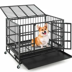 Tangkula Heavy-Duty Metal Dog Crate, Foldable Dog Kennel Crate with Lockable Wheels & Doors for Medium & Large Dogs