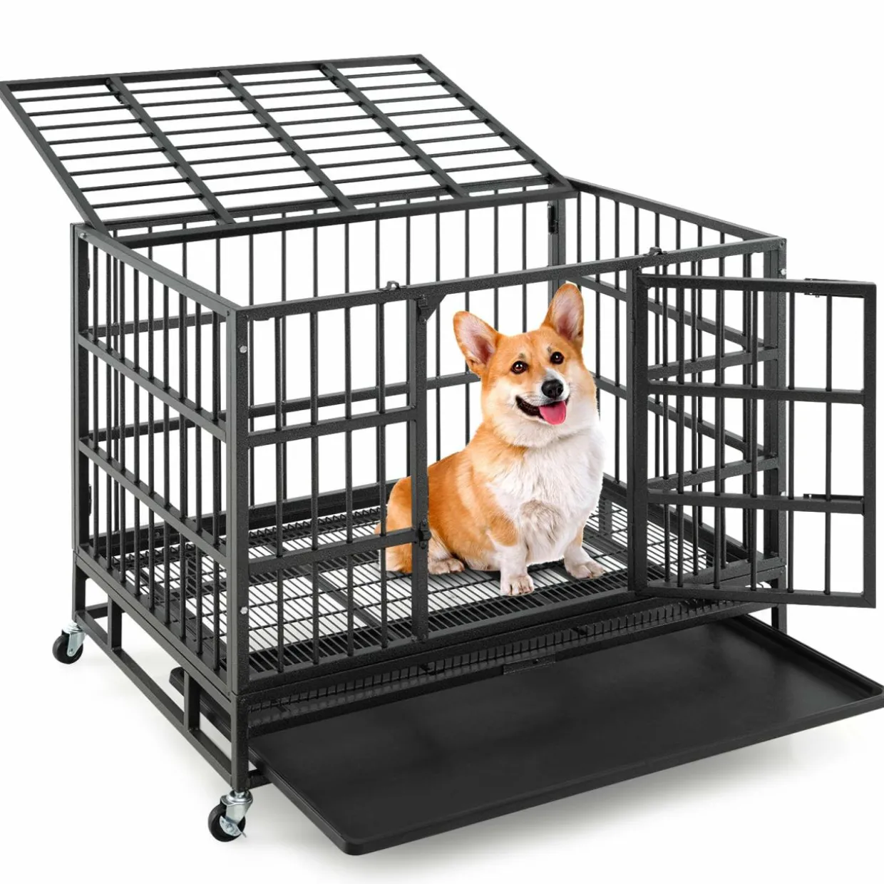 Tangkula Heavy-Duty Metal Dog Crate, Foldable Dog Kennel Crate with Lockable Wheels & Doors for Medium & Large Dogs