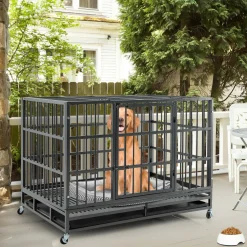 Tangkula Heavy-Duty Metal Dog Crate, Foldable Dog Kennel Crate with Lockable Wheels & Doors for Medium & Large Dogs