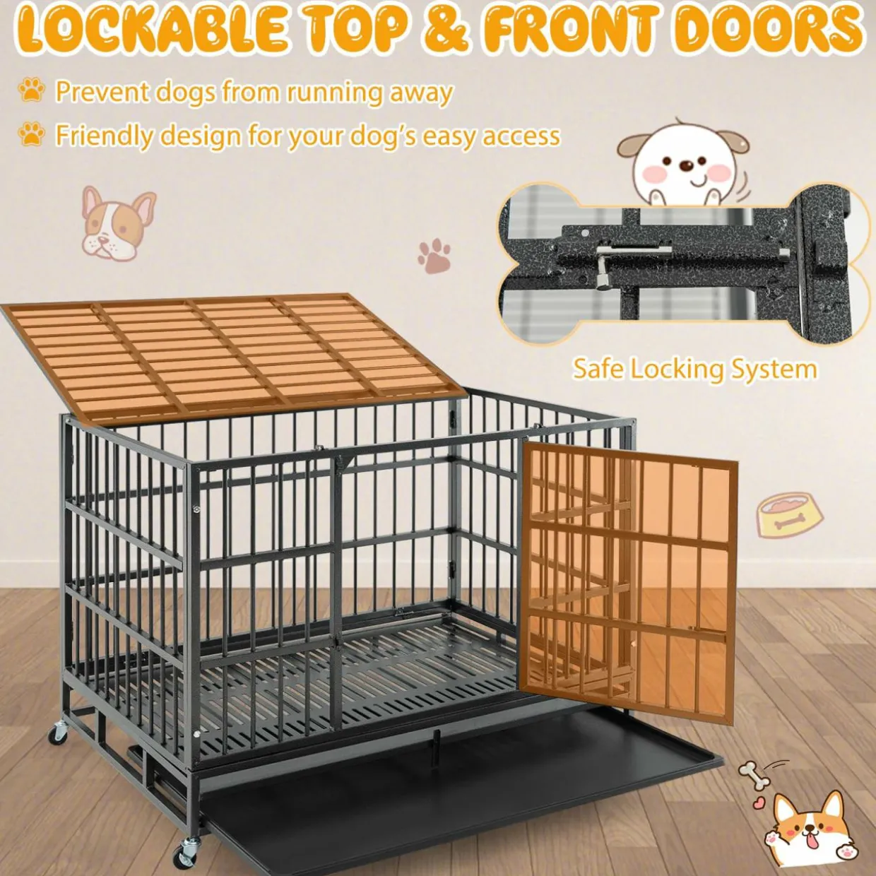 Tangkula Heavy-Duty Metal Dog Crate, Foldable Dog Kennel Crate with Lockable Wheels & Doors for Medium & Large Dogs