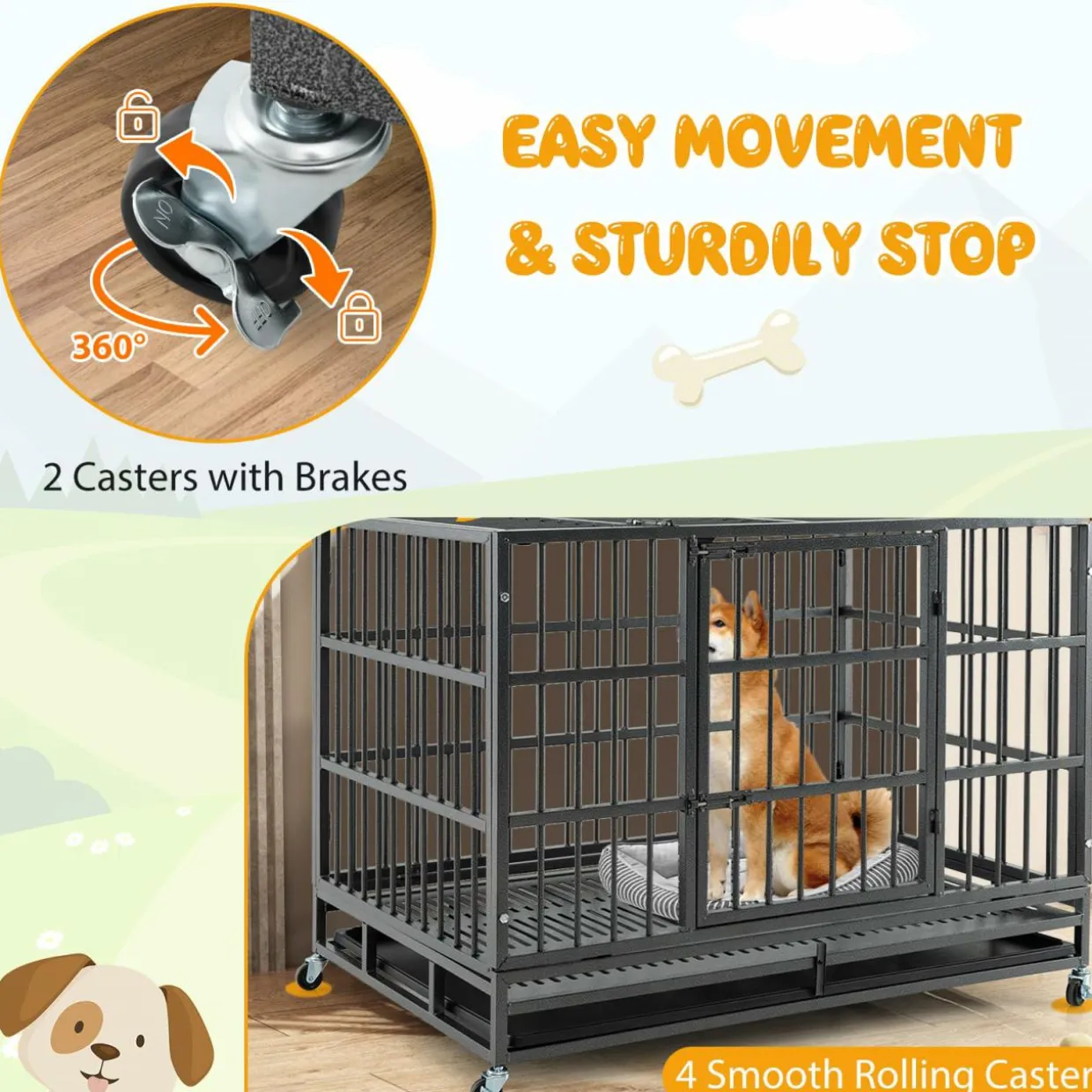 Tangkula Heavy-Duty Metal Dog Crate, Foldable Dog Kennel Crate with Lockable Wheels & Doors for Medium & Large Dogs