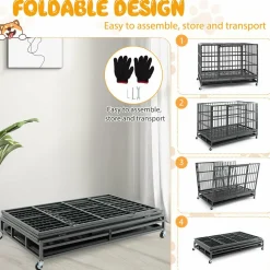 Tangkula Heavy-Duty Metal Dog Crate, Foldable Dog Kennel Crate with Lockable Wheels & Doors for Medium & Large Dogs