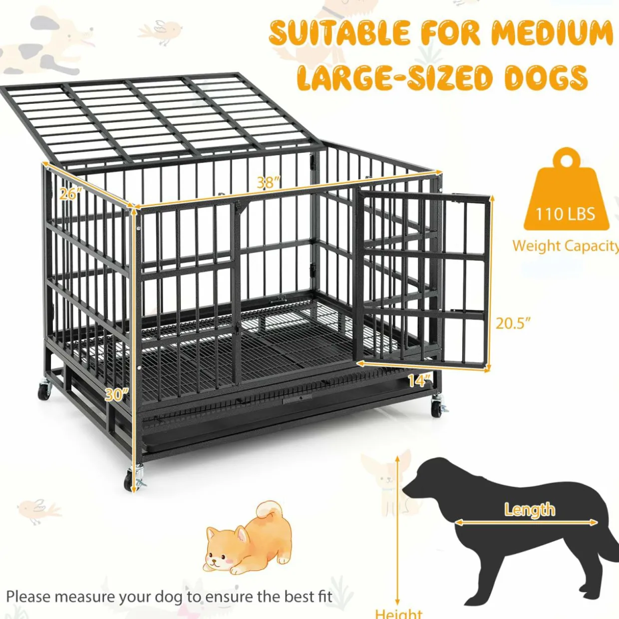 Tangkula Heavy-Duty Metal Dog Crate, Foldable Dog Kennel Crate with Lockable Wheels & Doors for Medium & Large Dogs