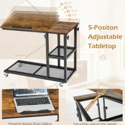 Tangkula Height Adjustable C Shaped End Table with Lockable Wheels