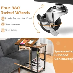 Tangkula Height Adjustable C Shaped End Table with Lockable Wheels