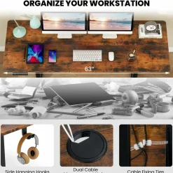 Tangkula Height Adjustable Electric Standing Desk, 63 x 24 Inch Sit Stand Desk with 3 Memory Height Settings