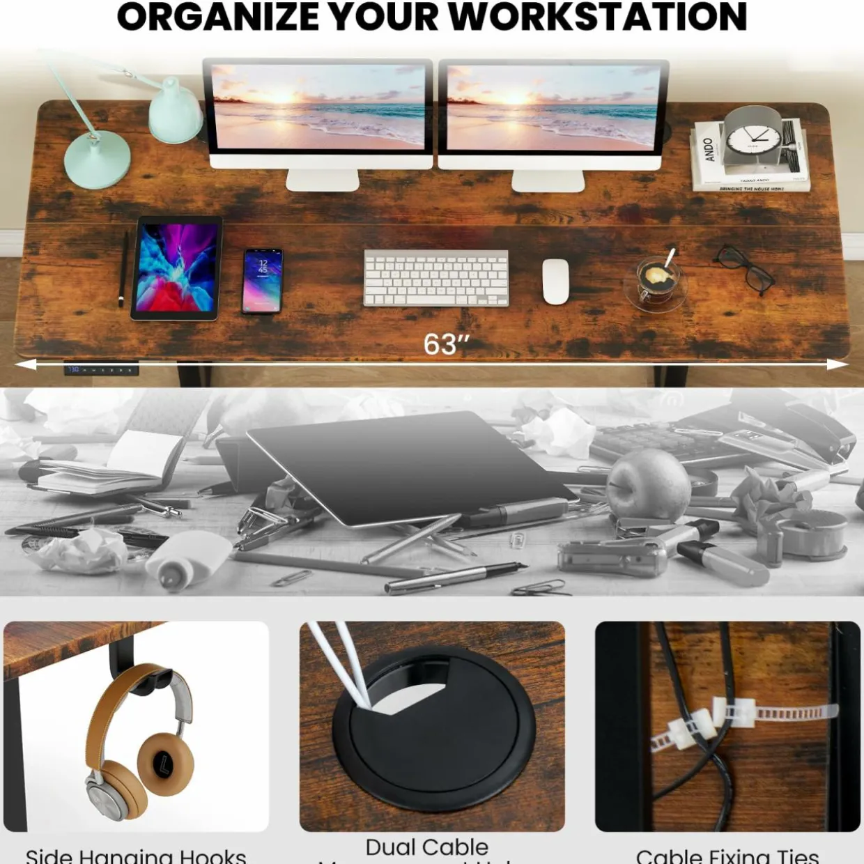 Tangkula Height Adjustable Electric Standing Desk, 63 x 24 Inch Sit Stand Desk with 3 Memory Height Settings