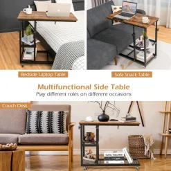 Tangkula Height Adjustable C Shaped End Table with Lockable Wheels