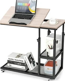 Tangkula Height Adjustable C Shaped End Table with Lockable Wheels