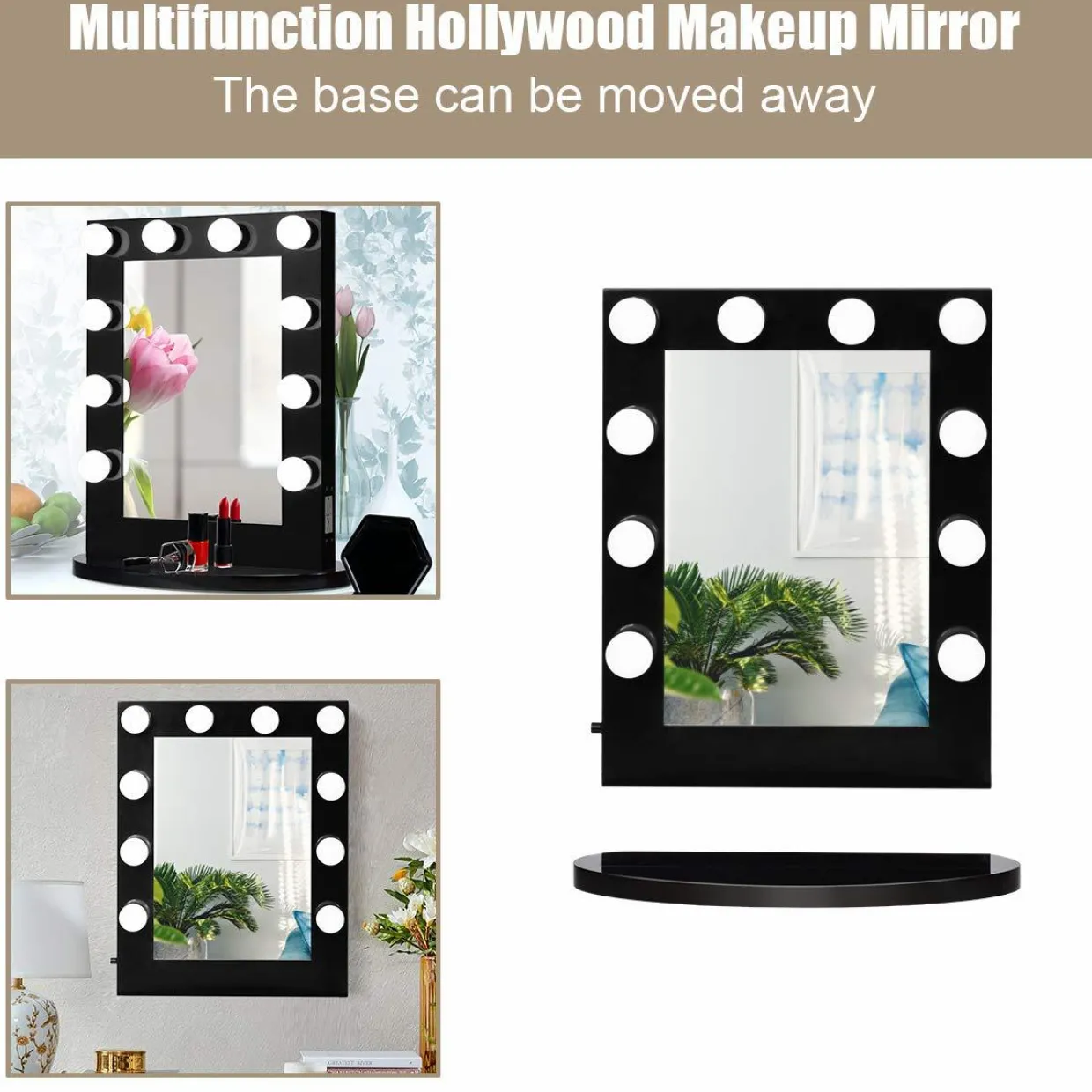 Tangkula Hollywood Makeup Vanity Mirror with Lights, Standing Vanity Makeup Mirror with Detachable Base