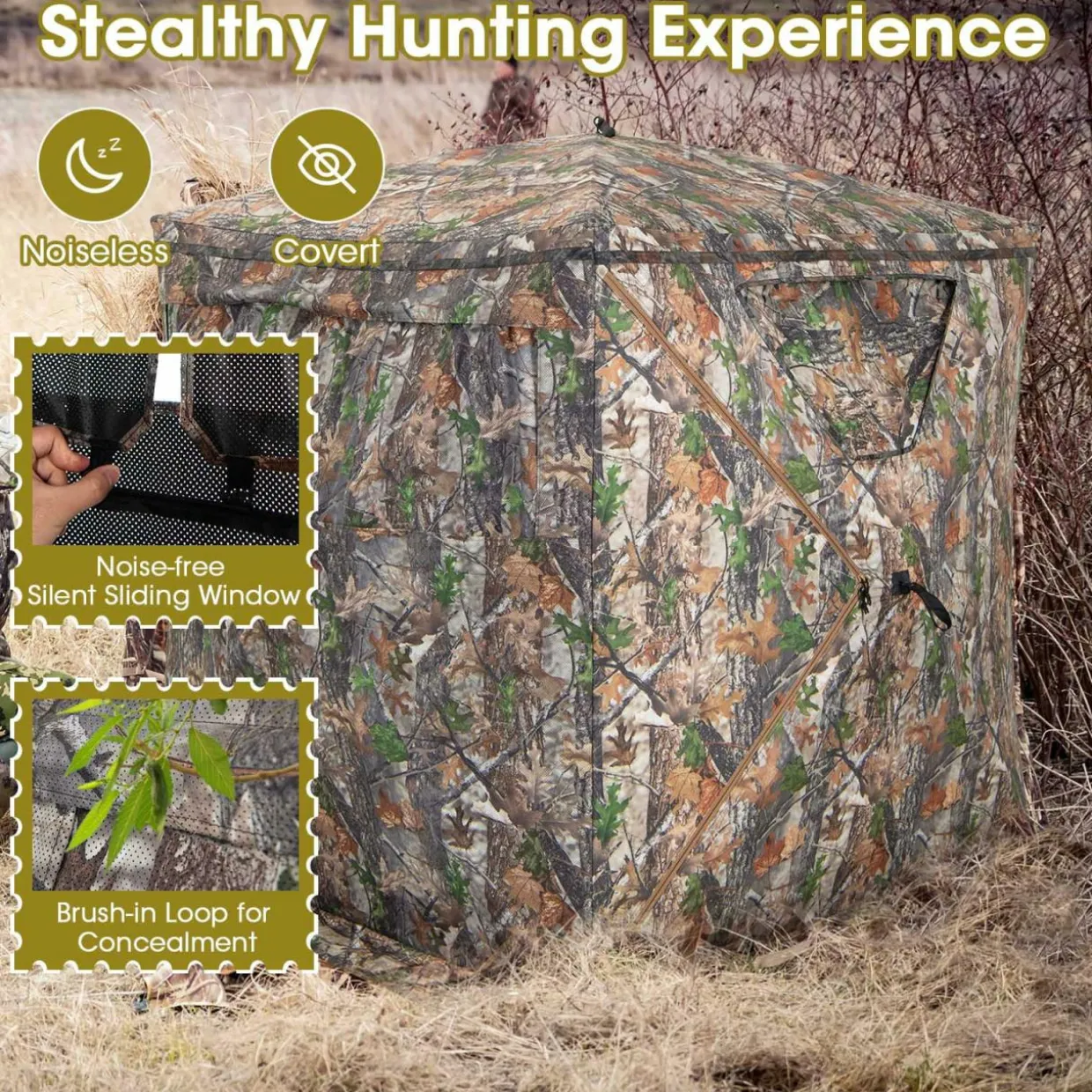 Tangkula Hunting Blind, 2-3 Person 270 Degree See Through Ground Blind with Silent Sliding Windows & Zippered Door