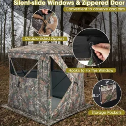Tangkula Hunting Blind, 2-3 Person 270 Degree See Through Ground Blind with Silent Sliding Windows & Zippered Door