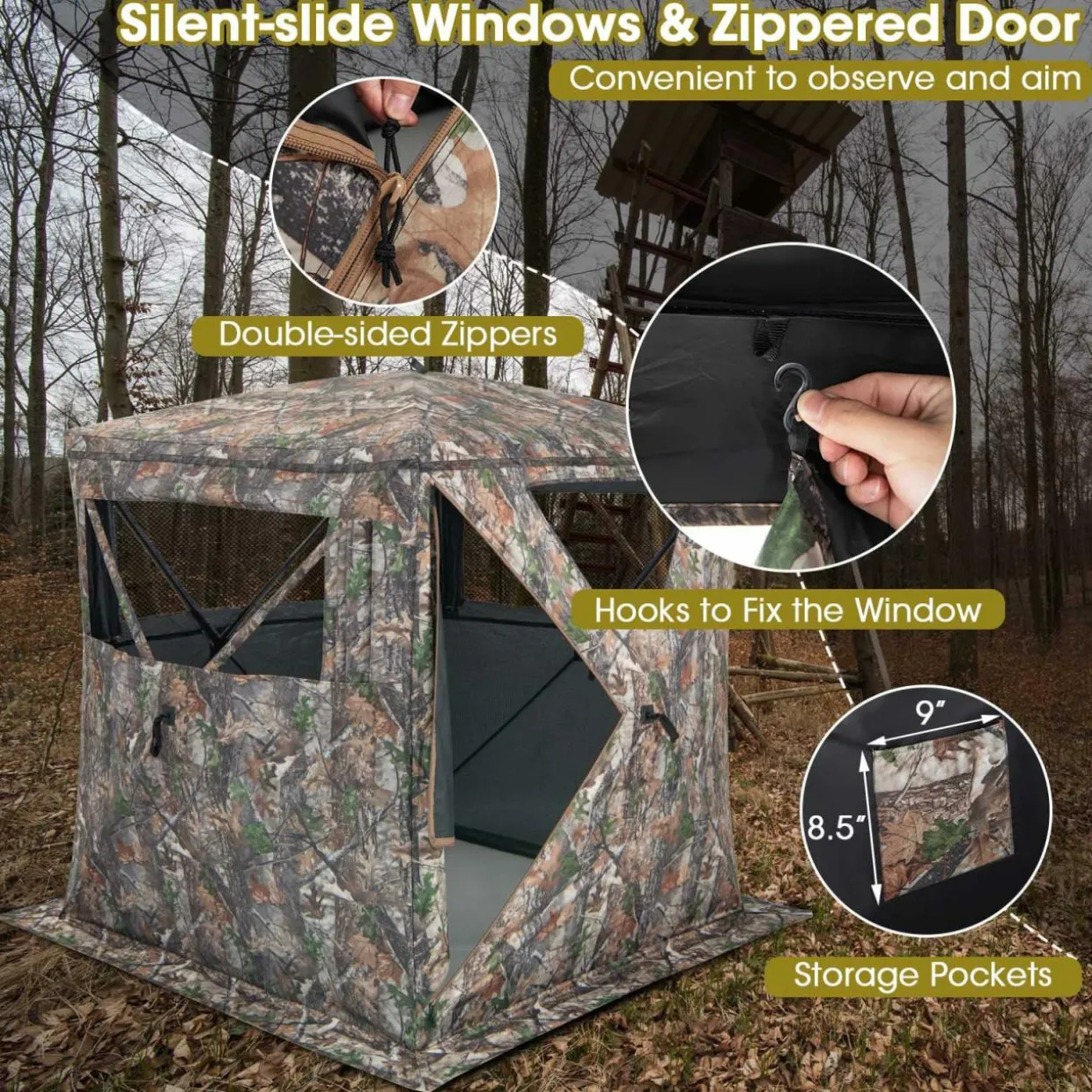 Tangkula Hunting Blind, 2-3 Person 270 Degree See Through Ground Blind with Silent Sliding Windows & Zippered Door