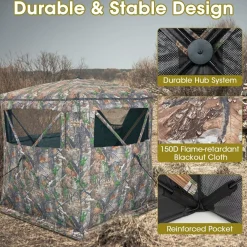Tangkula Hunting Blind, 2-3 Person 270 Degree See Through Ground Blind with Silent Sliding Windows & Zippered Door