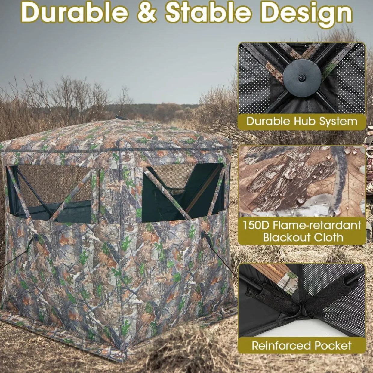 Tangkula Hunting Blind, 2-3 Person 270 Degree See Through Ground Blind with Silent Sliding Windows & Zippered Door