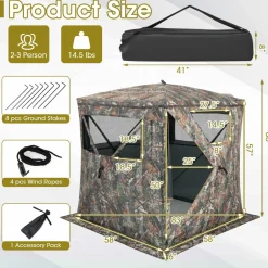 Tangkula Hunting Blind, 2-3 Person 270 Degree See Through Ground Blind with Silent Sliding Windows & Zippered Door