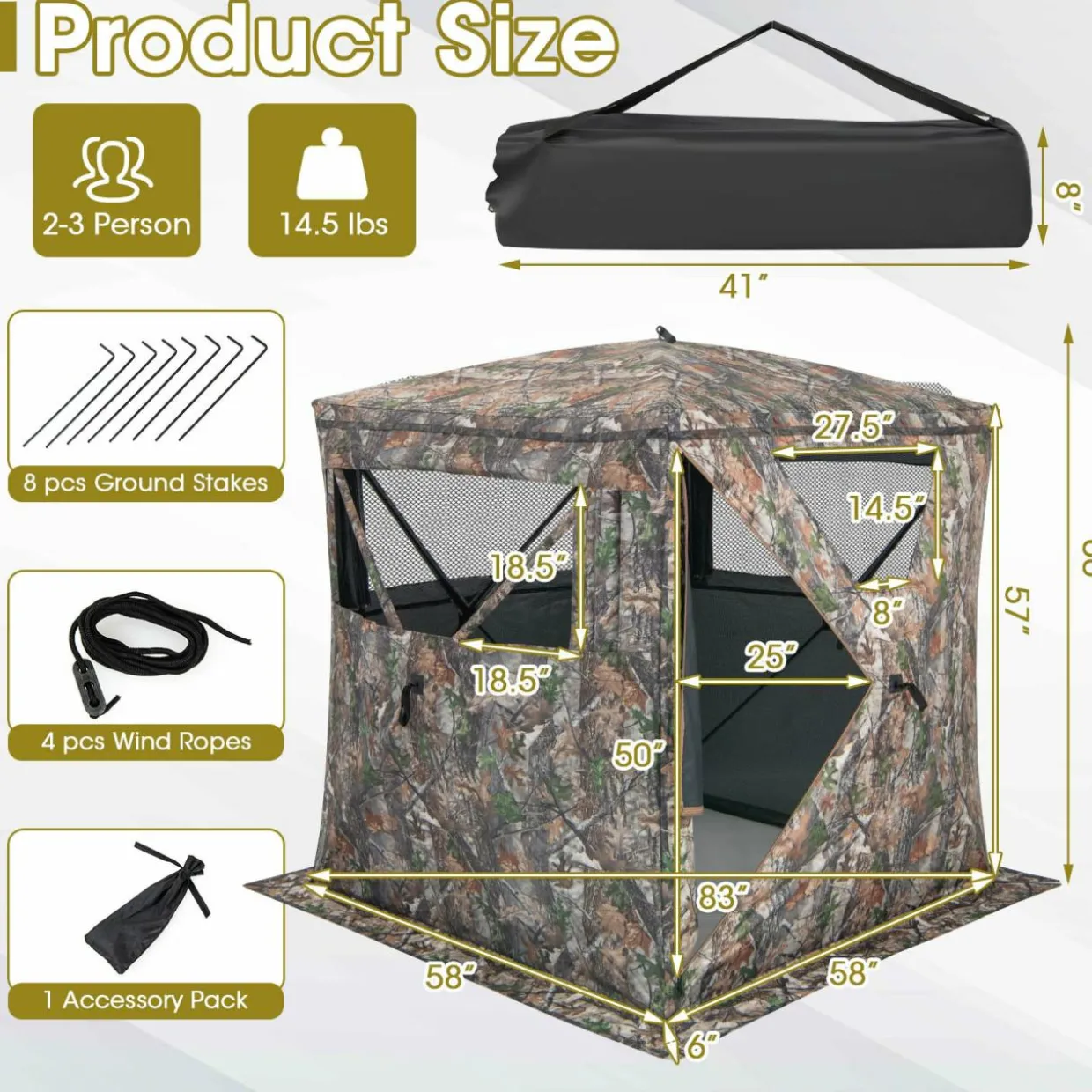 Tangkula Hunting Blind, 2-3 Person 270 Degree See Through Ground Blind with Silent Sliding Windows & Zippered Door