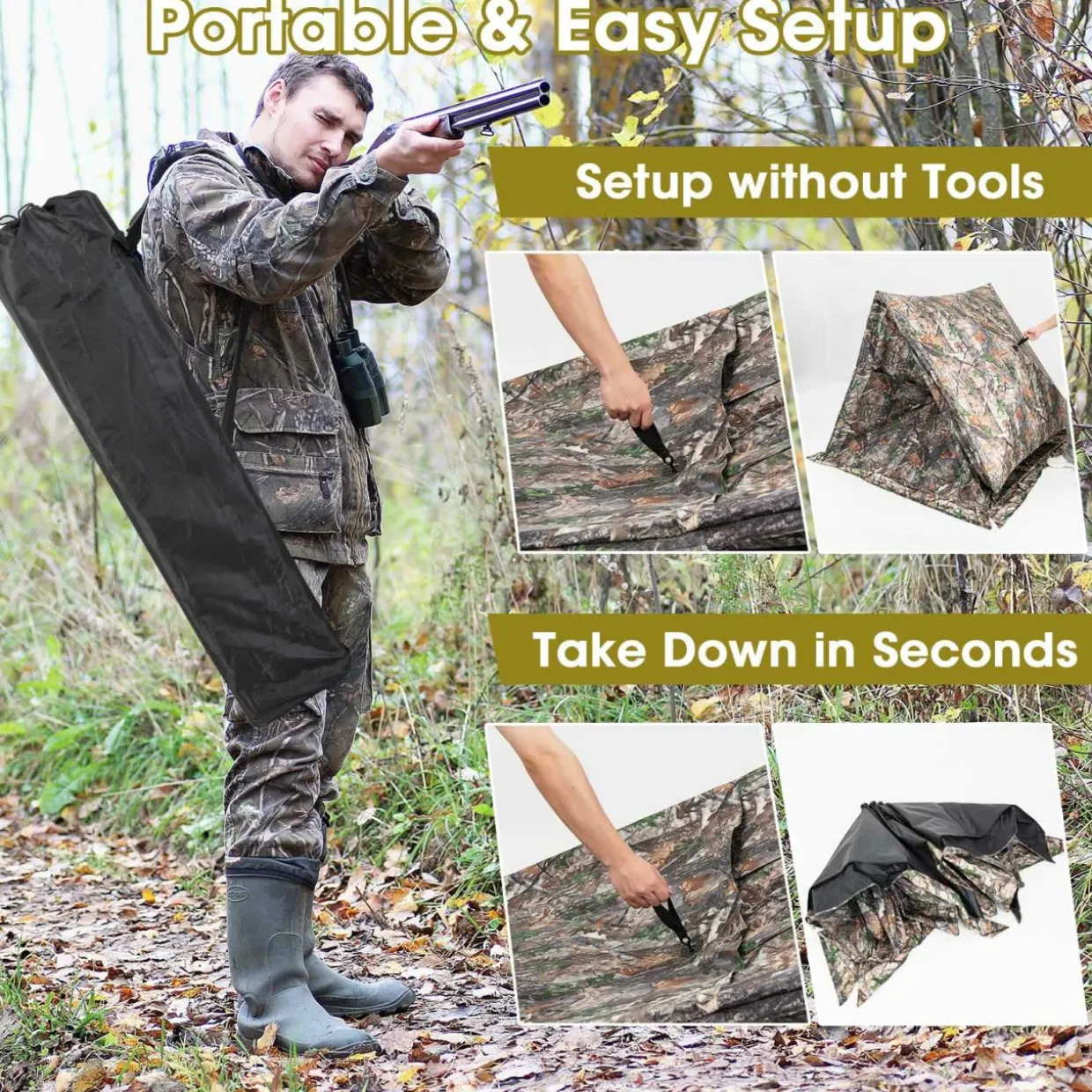 Tangkula Hunting Blind, 2-3 Person 270 Degree See Through Ground Blind with Silent Sliding Windows & Zippered Door