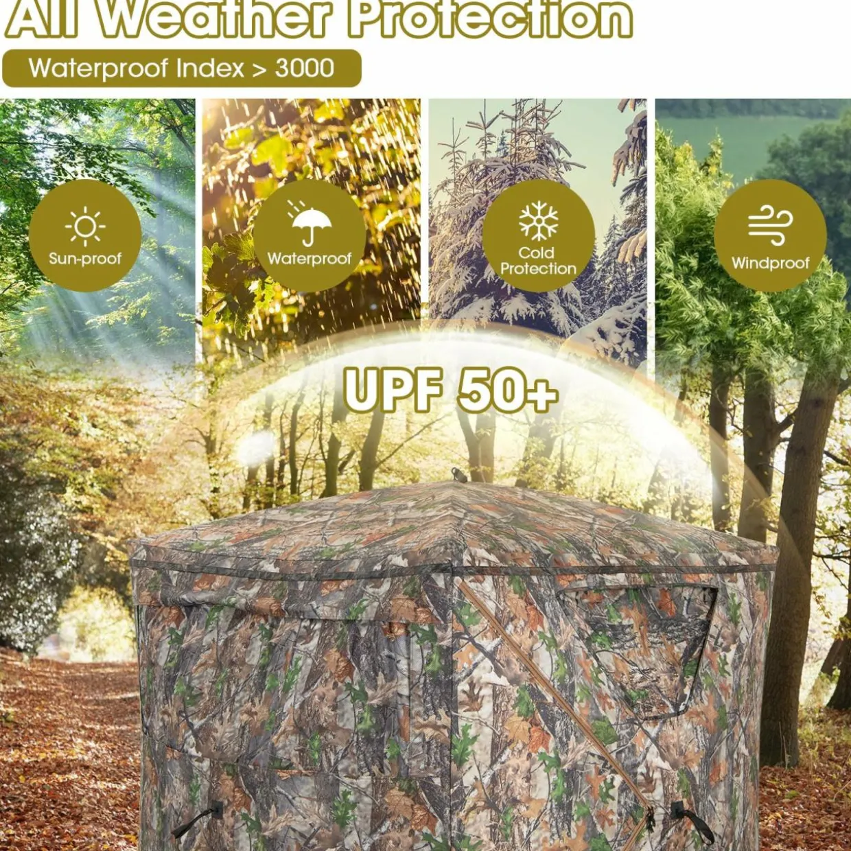 Tangkula Hunting Blind, 2-3 Person 270 Degree See Through Ground Blind with Silent Sliding Windows & Zippered Door