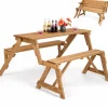 Tangkula 2-in-1 Convertible Wooden Picnic Table, Transforming Interchangeable Outdoor Bench Table with Umbrella Hole