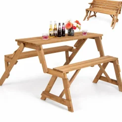 Tangkula 2-in-1 Convertible Wooden Picnic Table, Transforming Interchangeable Outdoor Bench Table with Umbrella Hole
