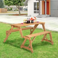 Tangkula 2-in-1 Convertible Wooden Picnic Table, Transforming Interchangeable Outdoor Bench Table with Umbrella Hole