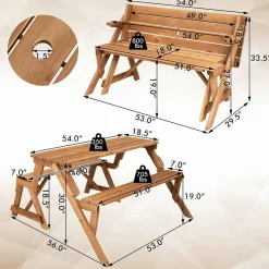 Tangkula 2-in-1 Convertible Wooden Picnic Table, Transforming Interchangeable Outdoor Bench Table with Umbrella Hole