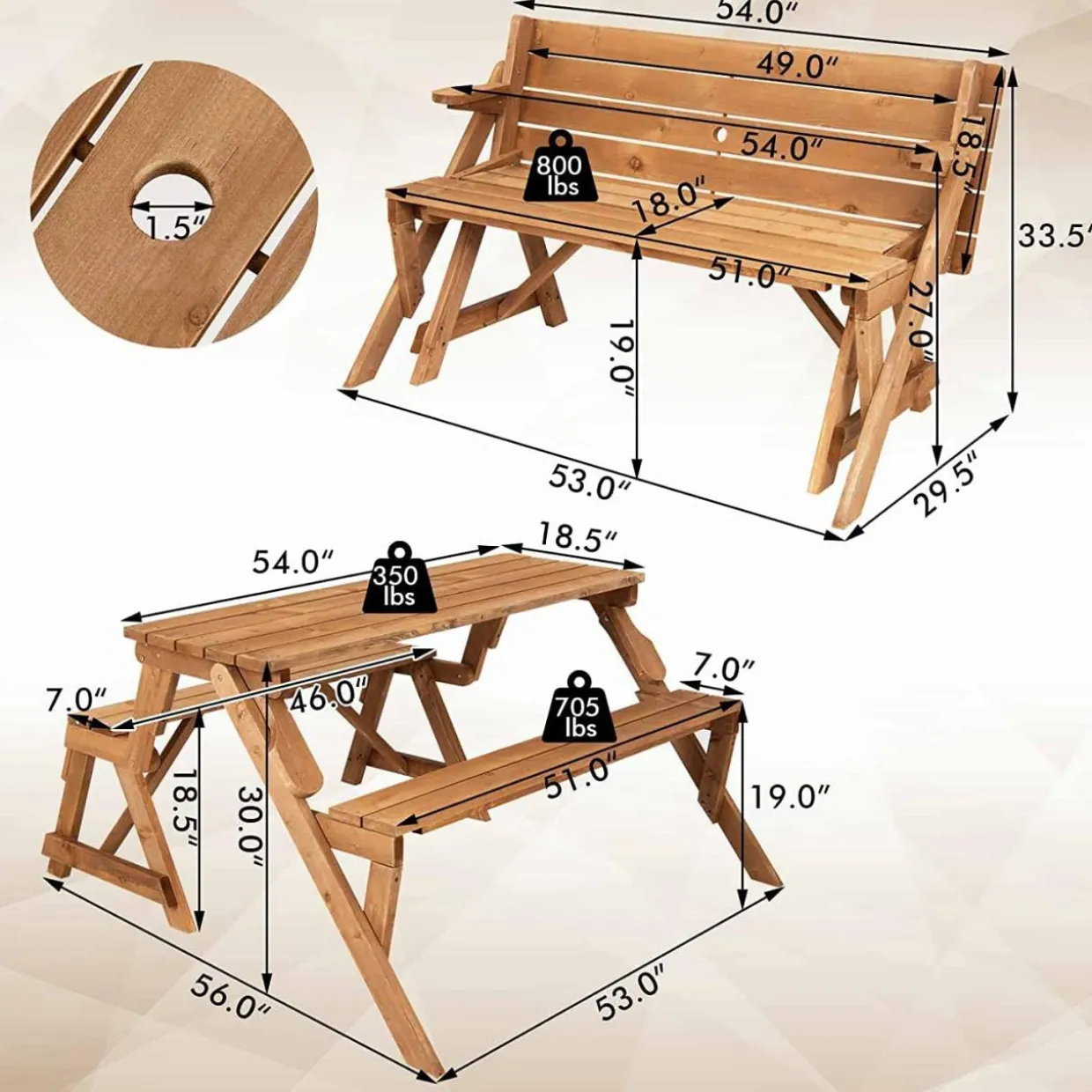 Tangkula 2-in-1 Convertible Wooden Picnic Table, Transforming Interchangeable Outdoor Bench Table with Umbrella Hole