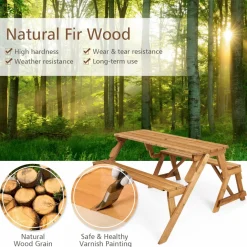 Tangkula 2-in-1 Convertible Wooden Picnic Table, Transforming Interchangeable Outdoor Bench Table with Umbrella Hole