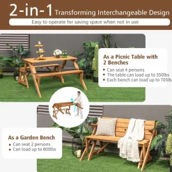 Tangkula 2-in-1 Convertible Wooden Picnic Table, Transforming Interchangeable Outdoor Bench Table with Umbrella Hole