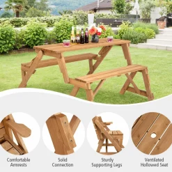 Tangkula 2-in-1 Convertible Wooden Picnic Table, Transforming Interchangeable Outdoor Bench Table with Umbrella Hole