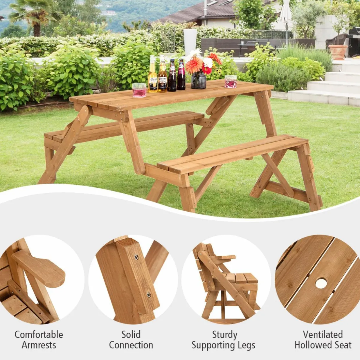 Tangkula 2-in-1 Convertible Wooden Picnic Table, Transforming Interchangeable Outdoor Bench Table with Umbrella Hole